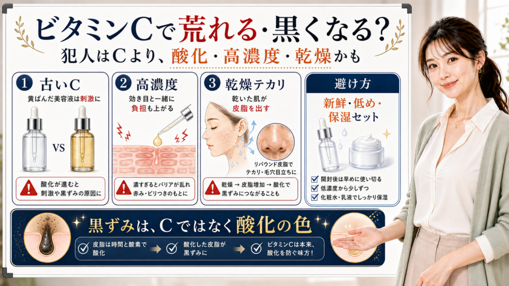 ビタミンCで肌荒れや黒くなる、テカると感じる原因を酸化や高濃度、乾燥で説明するアイキャッチ