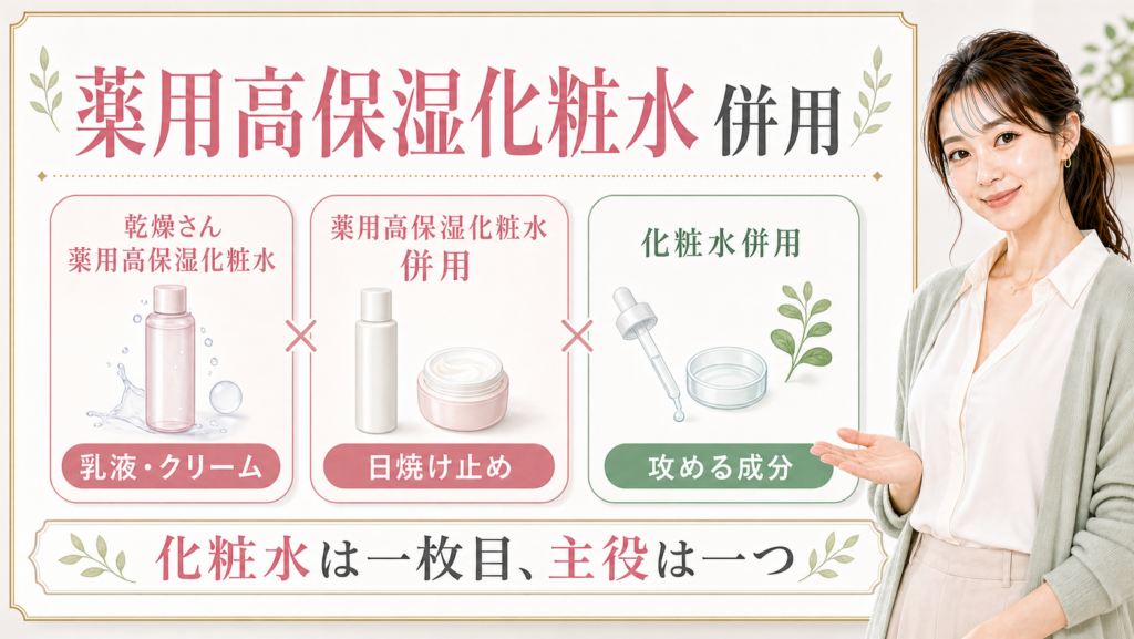 乾燥さん薬用高保湿化粧水の併用を乳液・クリーム・日焼け止め・攻める成分で整理するアイキャッチ