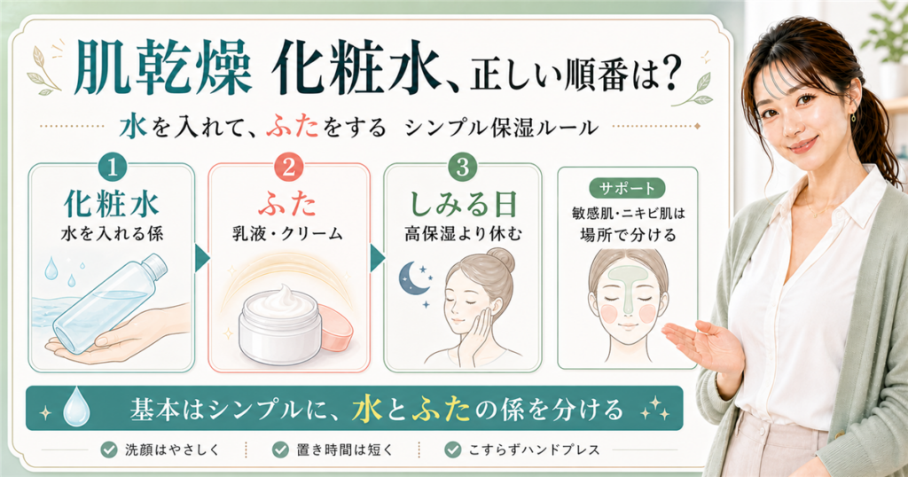 肌乾燥と化粧水の順番、水を入れる係とふたをする係を説明するアイキャッチ