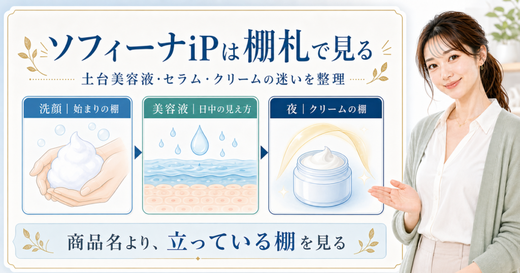 ソフィーナiPを洗顔と美容液とクリームの棚札で整理する図解