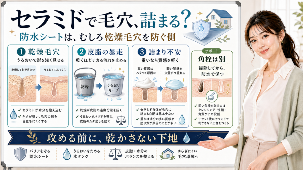 セラミドが乾燥毛穴や毛穴詰まりの不安にどう関わるかを説明するアイキャッチ