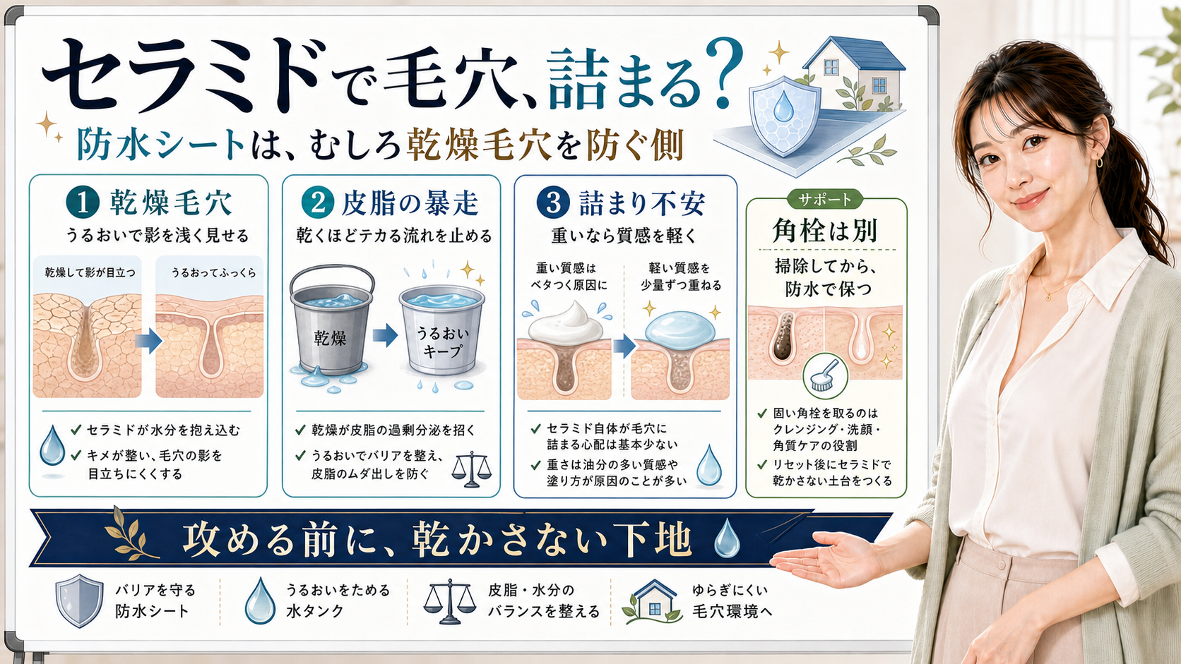 セラミドが乾燥毛穴や毛穴詰まりの不安にどう関わるかを説明するアイキャッチ