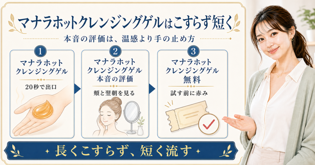 マナラホットクレンジングゲルの使い方を、20秒・頬と翌朝・試す前の赤みで整理したアイキャッチ
