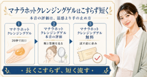 マナラホットクレンジングゲルの使い方を、20秒・頬と翌朝・試す前の赤みで整理したアイキャッチ