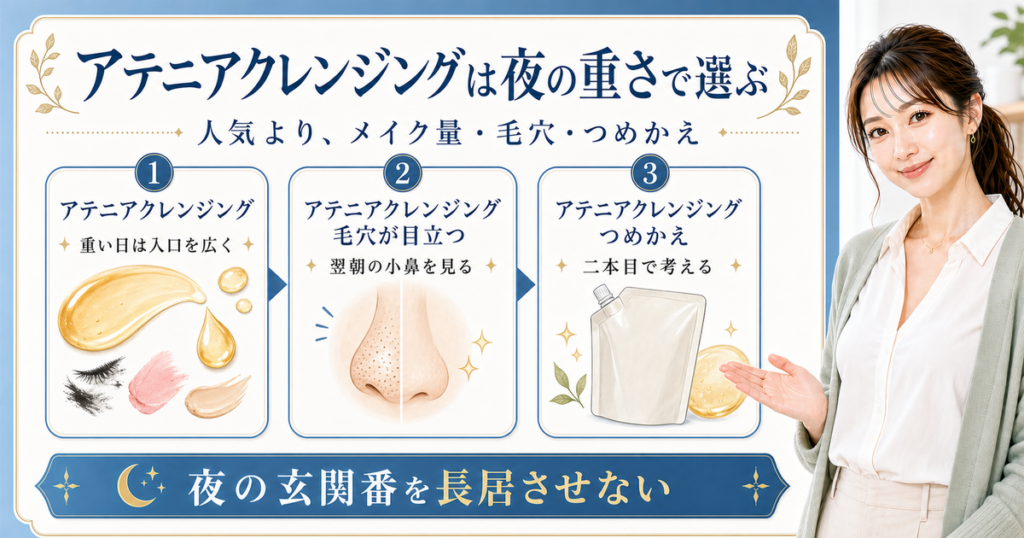 アテニアクレンジングを夜のメイク量、毛穴が目立つ日、つめかえのタイミングで整理した美容解説ボード