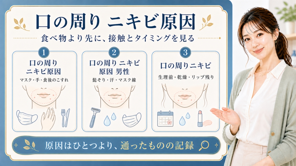 口の周りニキビ原因をマスクやリップやタイミングで整理する図解