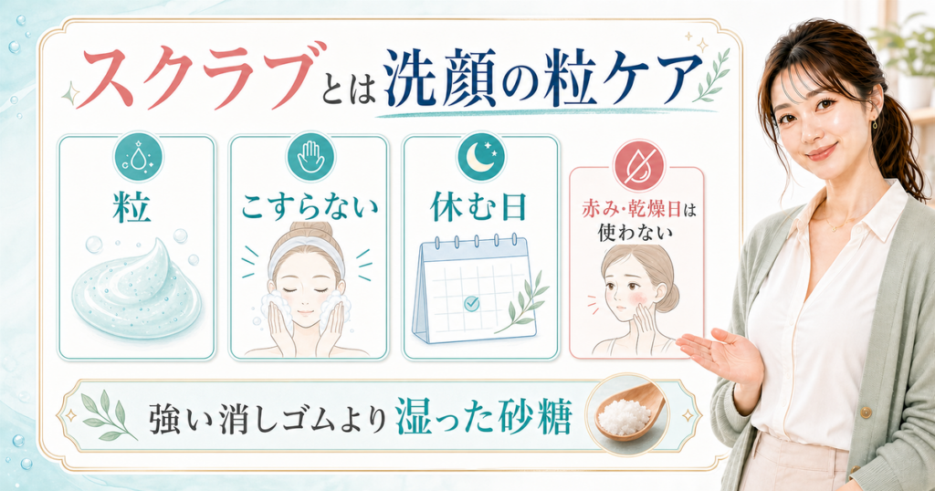 スクラブとは洗顔の粒ケアで、こすらない日と休む日を分けるアイキャッチ