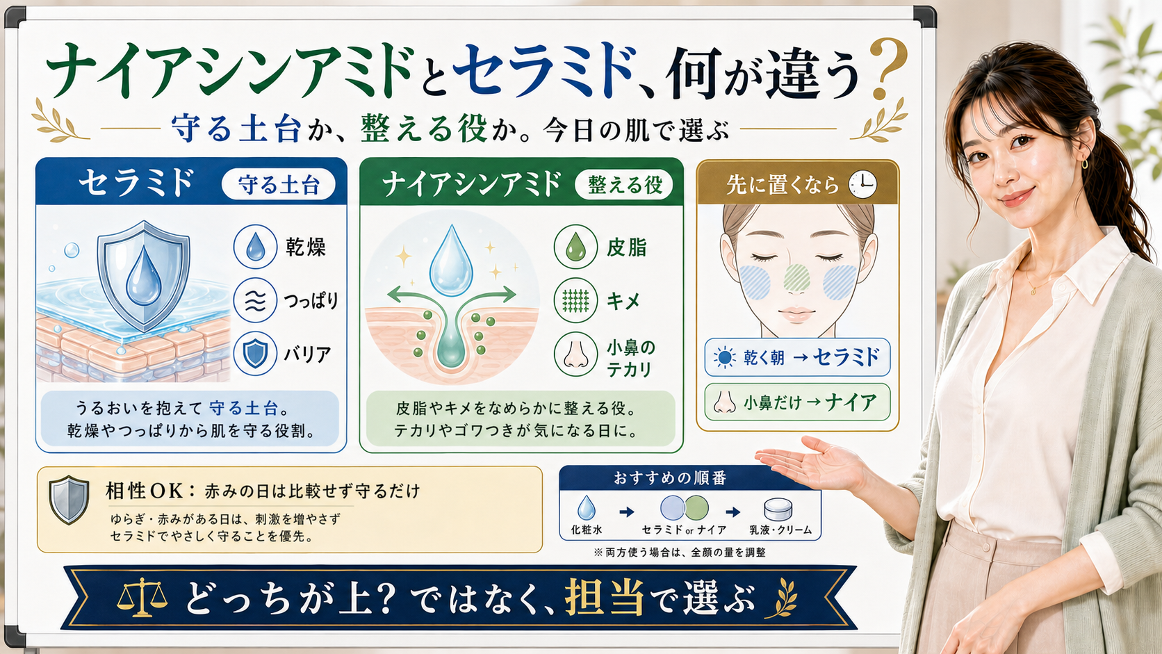ナイアシンアミドとセラミドの違い、相性、乾燥や小鼻での選び方を説明するアイキャッチ