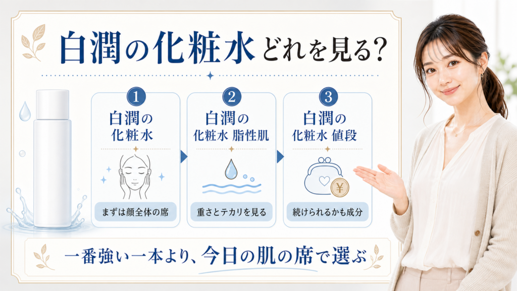 白潤の化粧水を今日の肌の席で選ぶ説明ボード