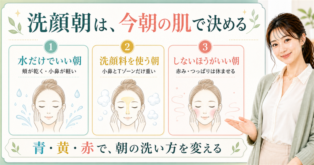 洗顔朝は今朝の肌で決める、水だけ・洗顔料・しない朝を青黄赤で分けるアイキャッチ