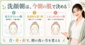 洗顔朝は今朝の肌で決める、水だけ・洗顔料・しない朝を青黄赤で分けるアイキャッチ