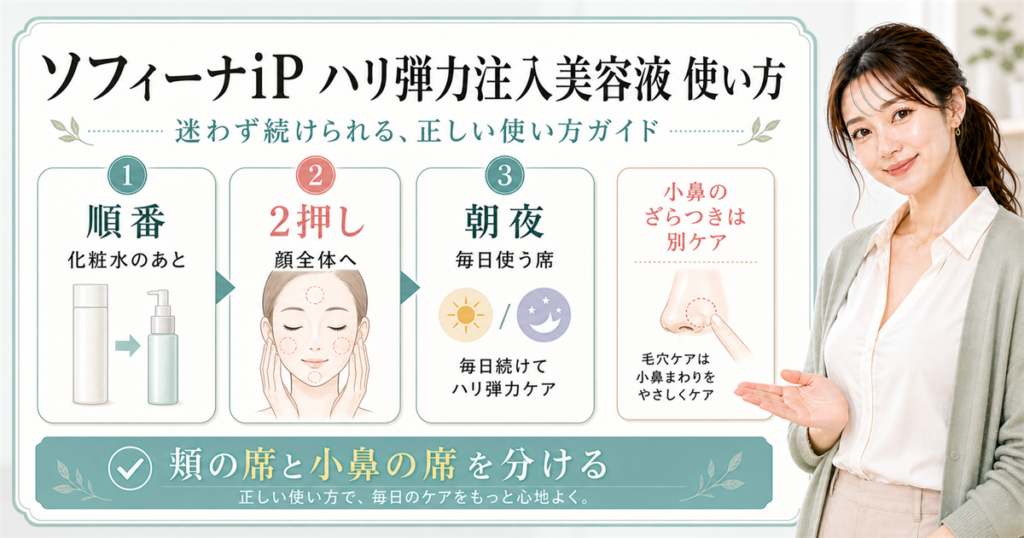ソフィーナiP ハリ弾力注入美容液の使い方、順番、2押し、朝夜を説明するアイキャッチ