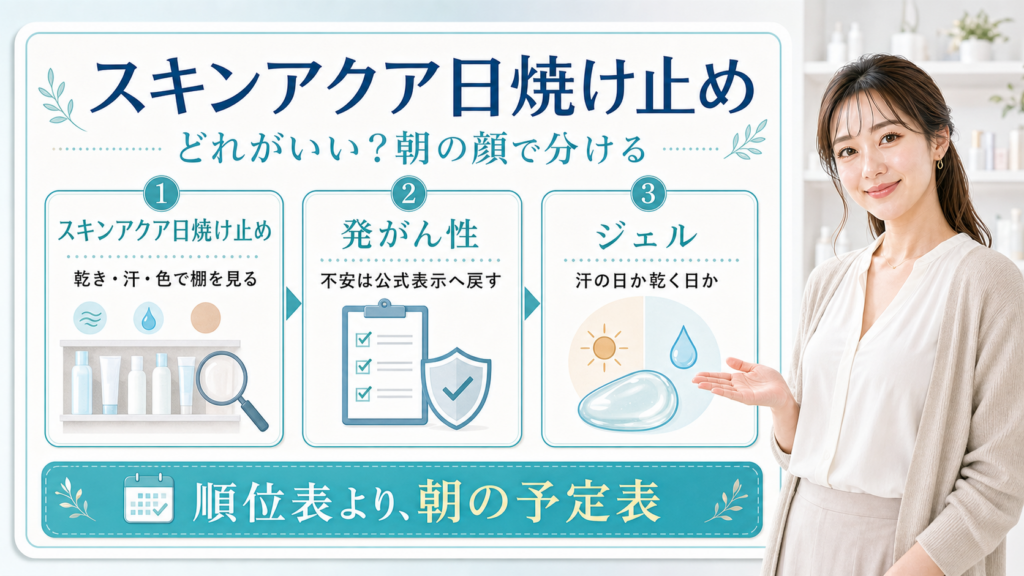 スキンアクア日焼け止め。どれがいいかを朝の顔、発がん性の不安、ジェルの選び方で整理するアイキャッチ