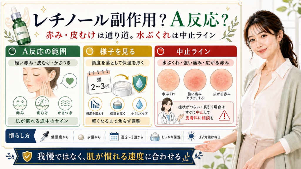 レチノールのA反応と副作用、中止ラインや慣らし方を説明するアイキャッチ