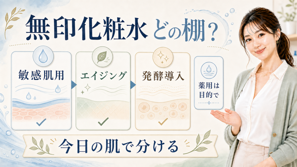 無印化粧水を敏感肌用・エイジング・発酵導入・薬用の棚で分けるアイキャッチ