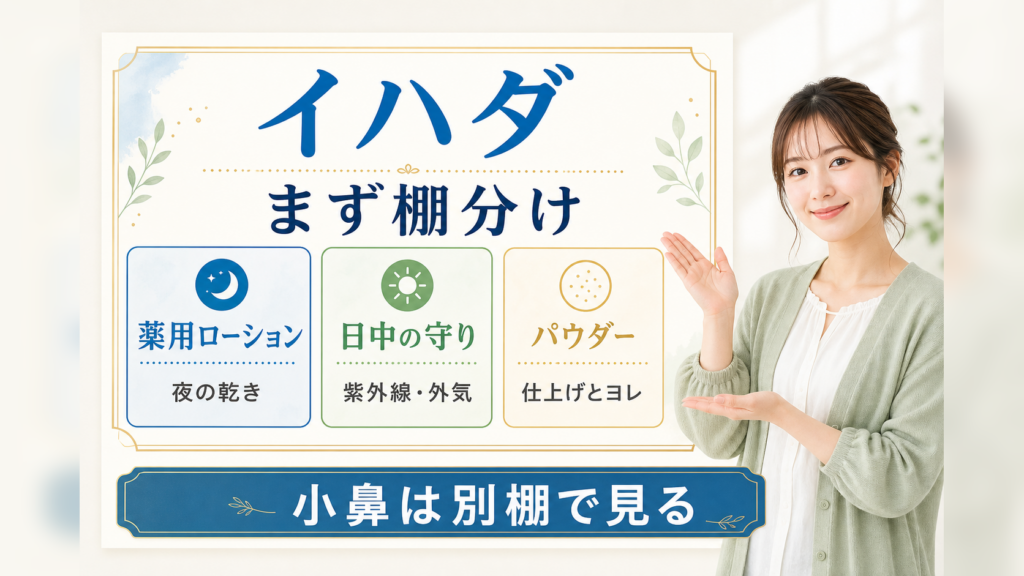 イハダを薬用ローション、日中の守り、パウダーの棚に分け、小鼻は別棚で見る横長ビューティーボード