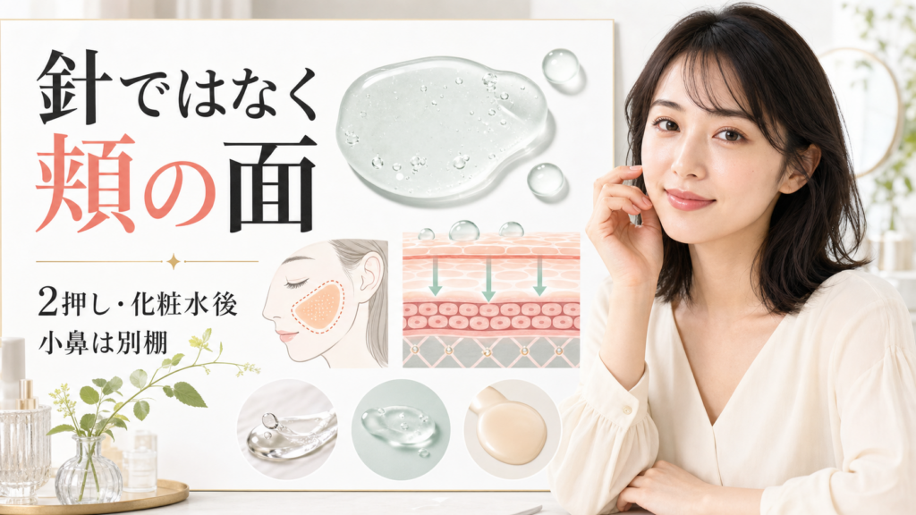ソフィーナiPのハリ弾力注入美容液を針ではなく頬の面で見て、2押しと小鼻の別棚を整理する横長ビューティーボード