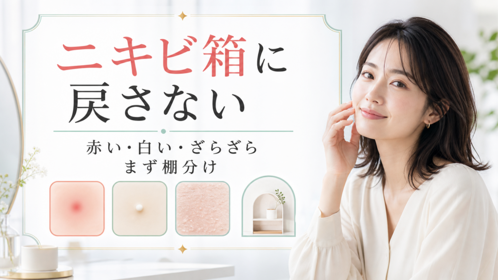 顔のニキビじゃないぶつぶつをニキビ箱に戻さず、赤い・白い・ざらざらで棚分けする横長ビューティーボード