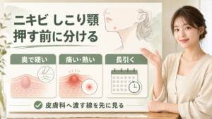 ニキビ しこり顎を奥で硬い、痛い熱い、長引くの3つに分け、皮膚科へ渡す線を先に見る横長ビューティーボード