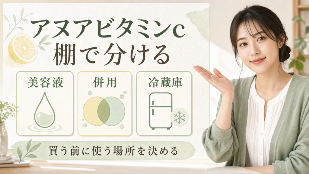 アヌアビタミンCを美容液、併用、冷蔵庫の3カードで分け、買う前に使う場所を決める横長ビューティーボード
