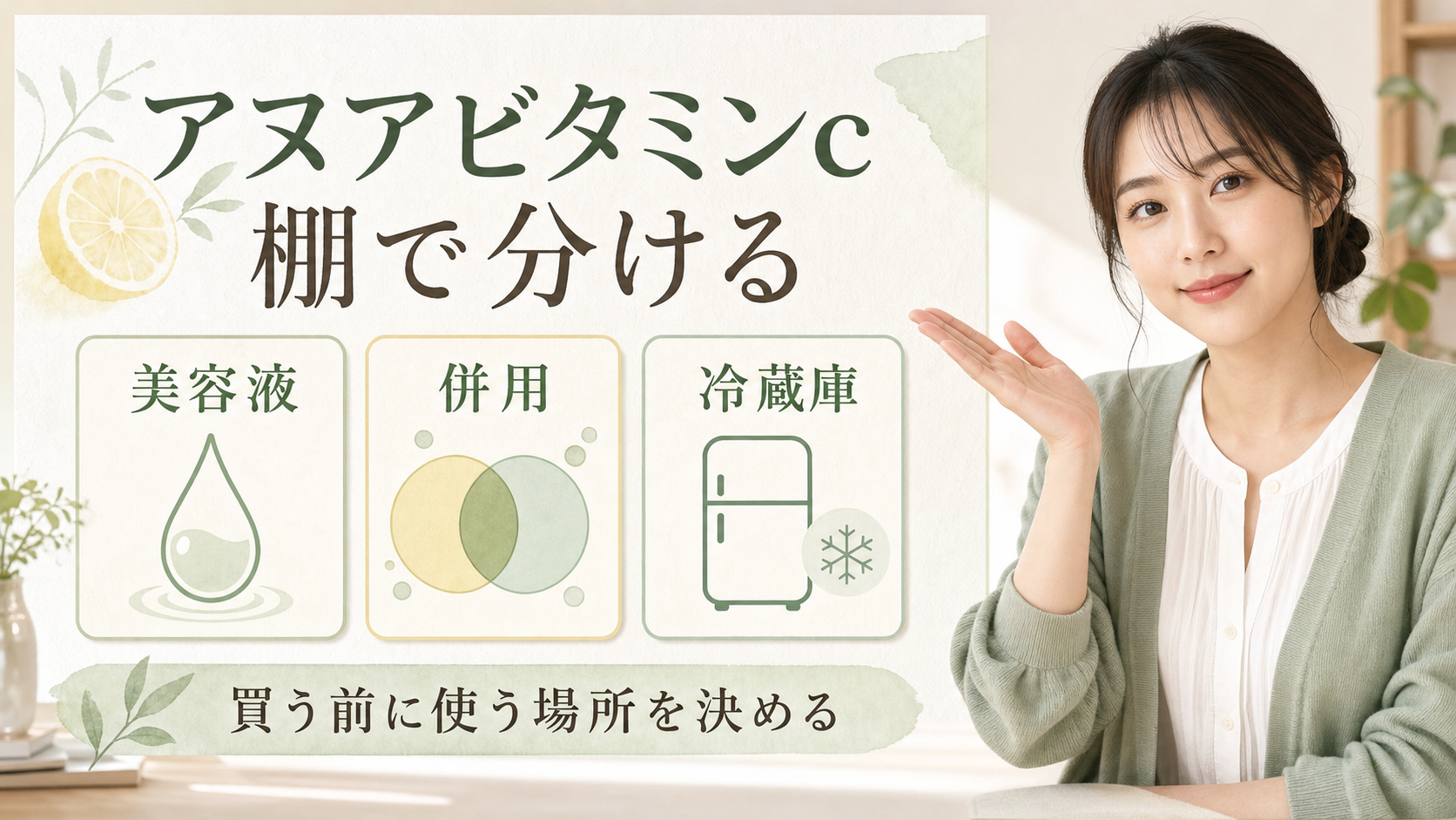 アヌアビタミンCを美容液、併用、冷蔵庫の3カードで分け、買う前に使う場所を決める横長ビューティーボード