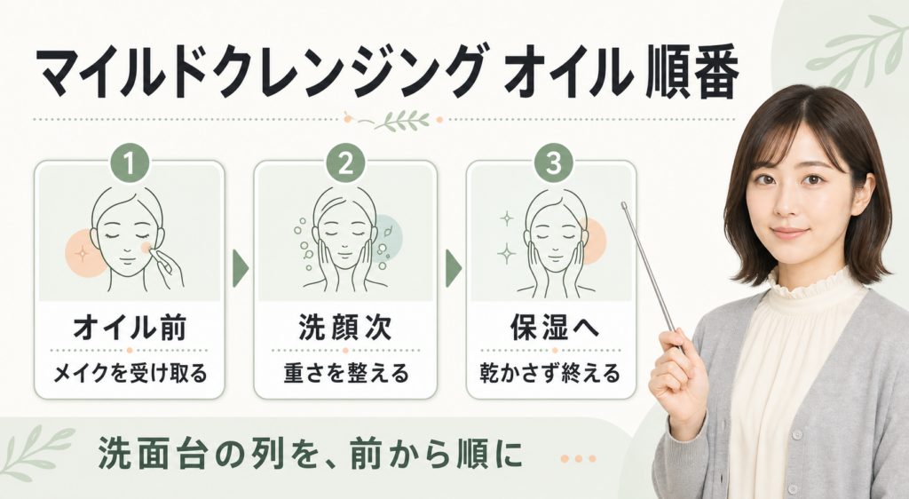 ファンケル マイルドクレンジング オイルの順番をオイル前・洗顔次・保湿へで整理したアイキャッチ
