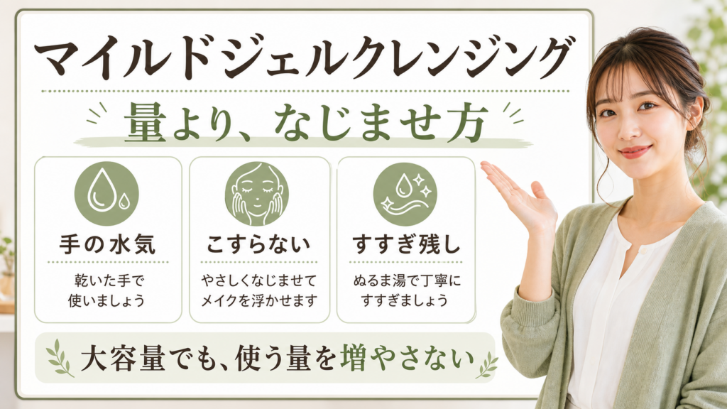 マイルドジェルクレンジングの使い方を手の水気、こすらない、すすぎ残しで整理する横長ビューティーボード