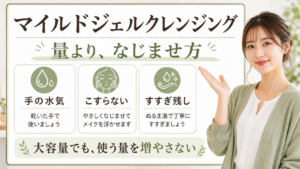 マイルドジェルクレンジングの使い方を手の水気、こすらない、すすぎ残しで整理する横長ビューティーボード