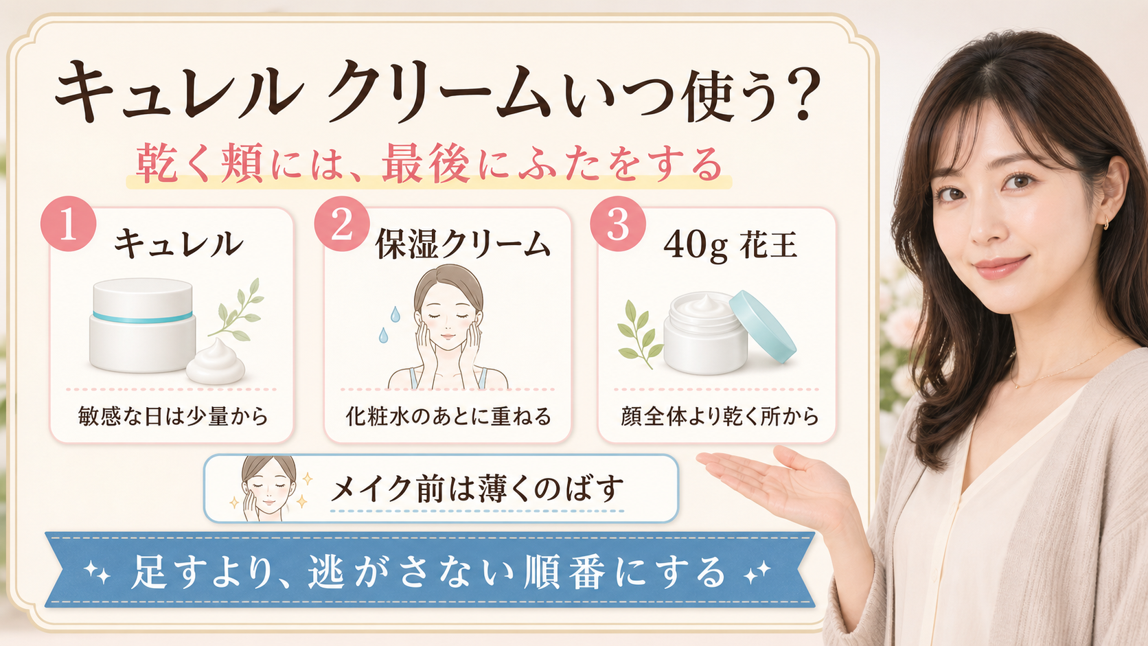 キュレル潤浸保湿フェイスクリームはいつ使う？乾く頬に残す順番