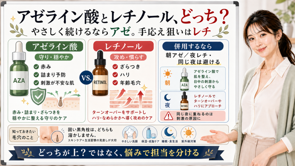アゼライン酸とレチノールの違いや毛穴ケアでの選び方、併用方法を説明するアイキャッチ