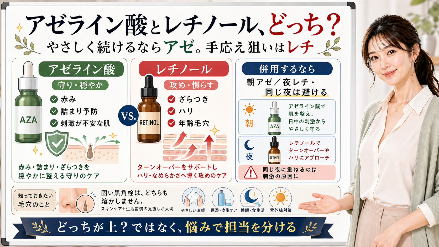 アゼライン酸とレチノールの違いや毛穴ケアでの選び方、併用方法を説明するアイキャッチ