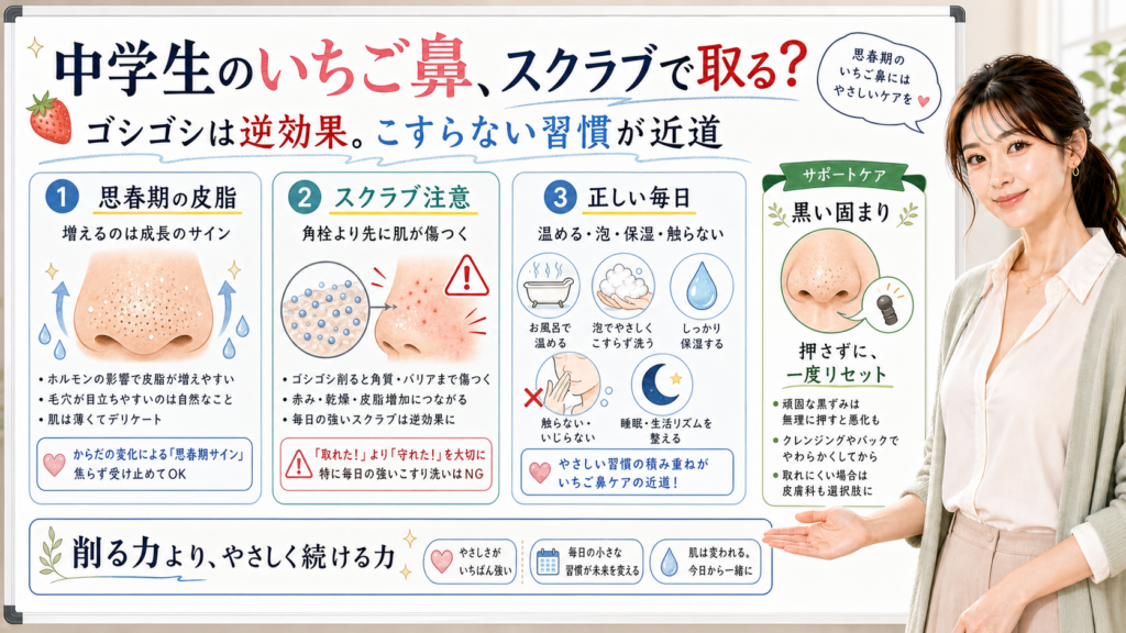 中学生のいちご鼻にスクラブが逆効果になりやすい理由とこすらない毎日ケアを説明するアイキャッチ