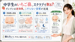中学生のいちご鼻にスクラブが逆効果になりやすい理由とこすらない毎日ケアを説明するアイキャッチ