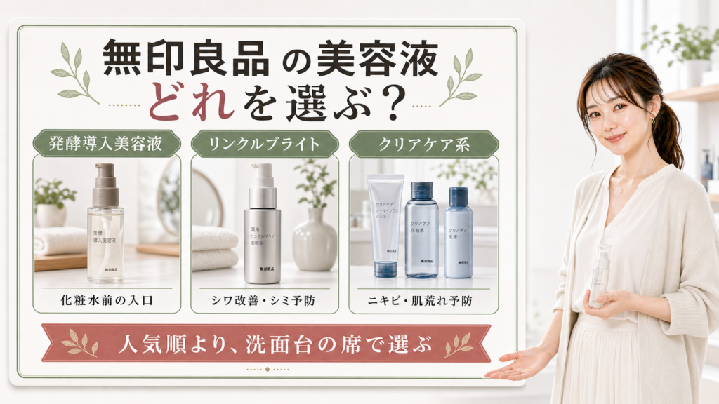無印良品の美容液を発酵導入・リンクルブライト・クリアケア系で選ぶ図解