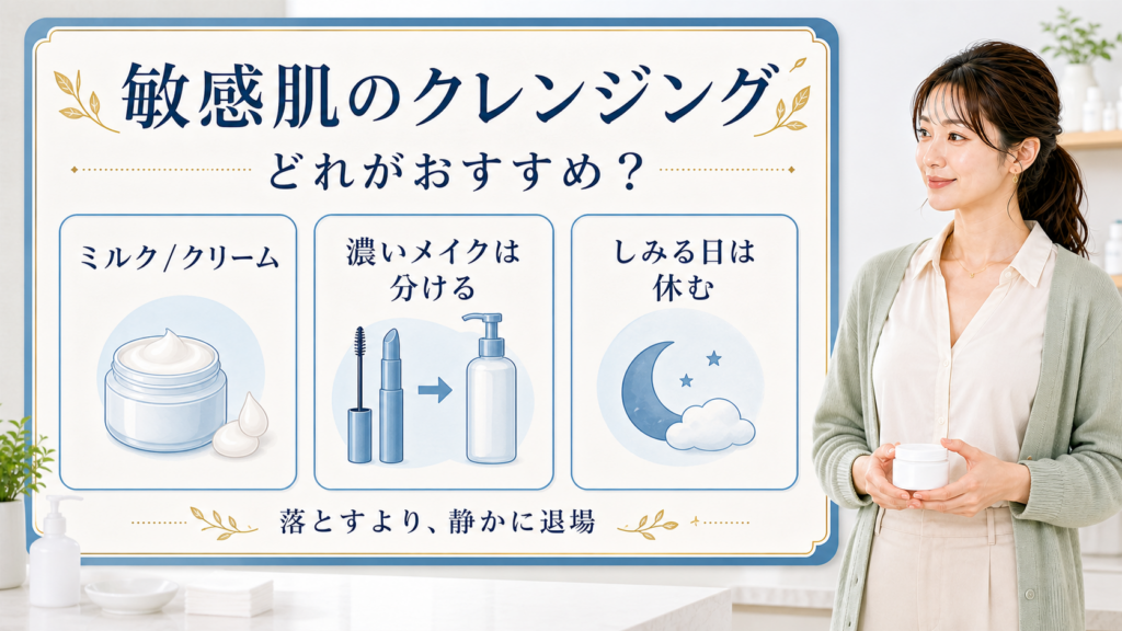 敏感肌のクレンジングはミルクやクリーム、濃いメイクは分ける、しみる日は休むと示す美容ボードと清楚な女性解説者