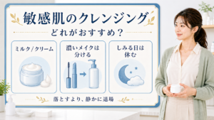 敏感肌のクレンジングはミルクやクリーム、濃いメイクは分ける、しみる日は休むと示す美容ボードと清楚な女性解説者