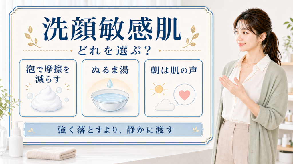 洗顔敏感肌で泡で摩擦を減らす、ぬるま湯、朝は肌の声と示す美容ボードと清楚な女性解説者