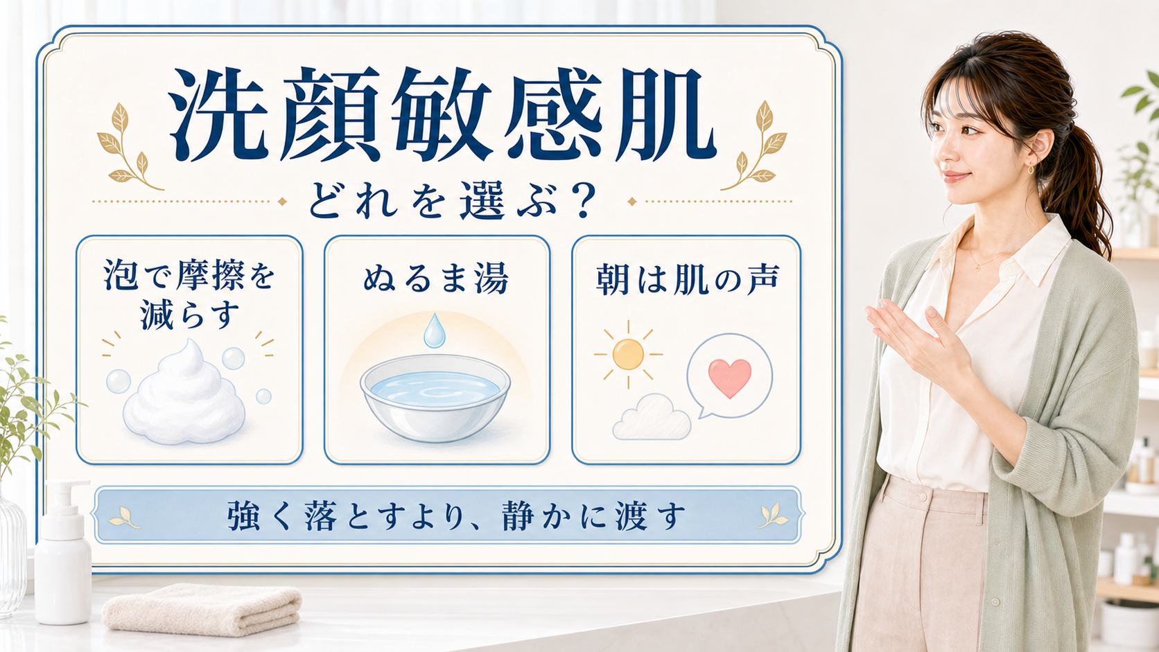 洗顔敏感肌で泡で摩擦を減らす、ぬるま湯、朝は肌の声と示す美容ボードと清楚な女性解説者