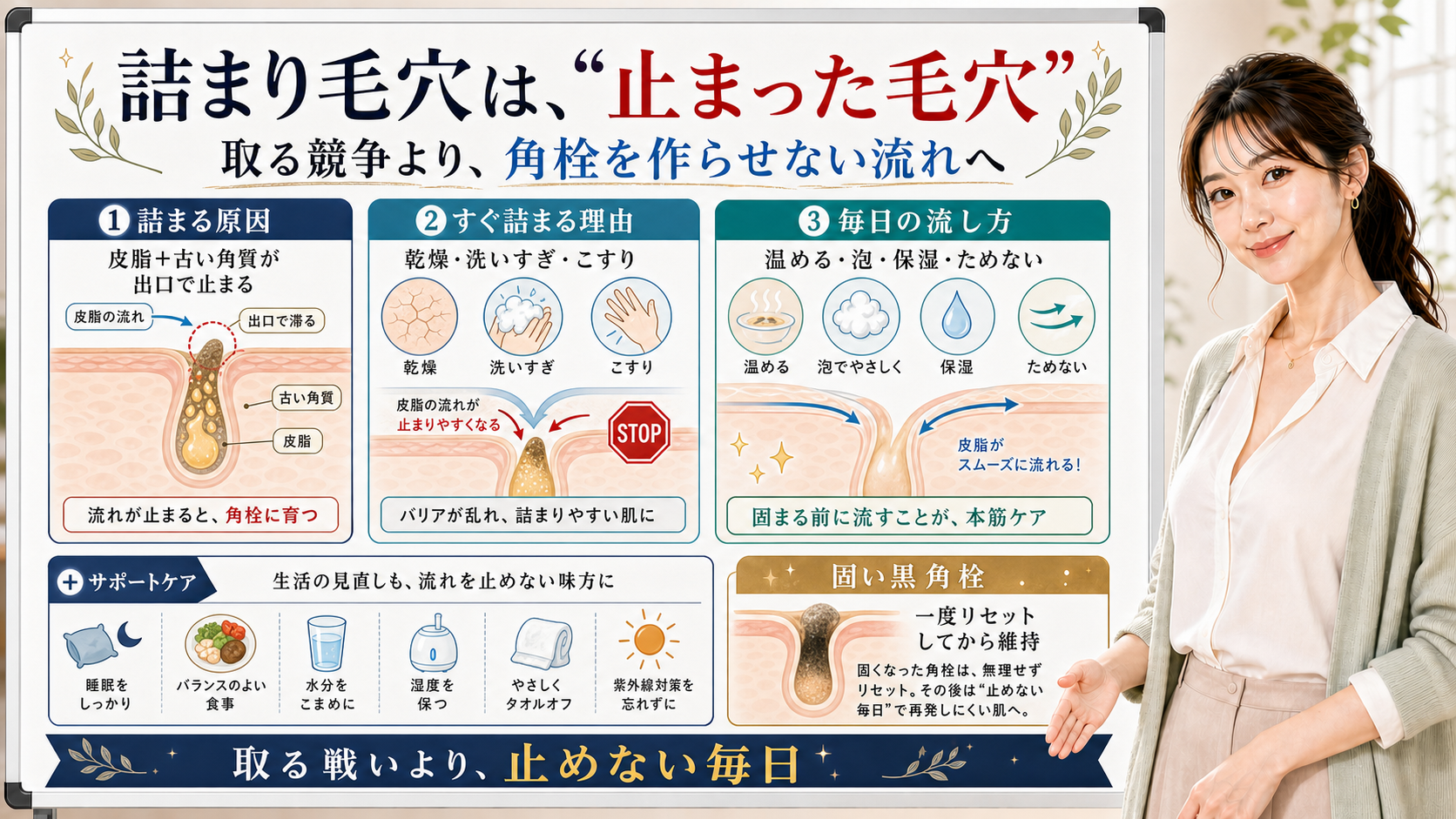 詰まり毛穴が止まった毛穴である理由と角栓を作らせない毎日の流れを説明するアイキャッチ