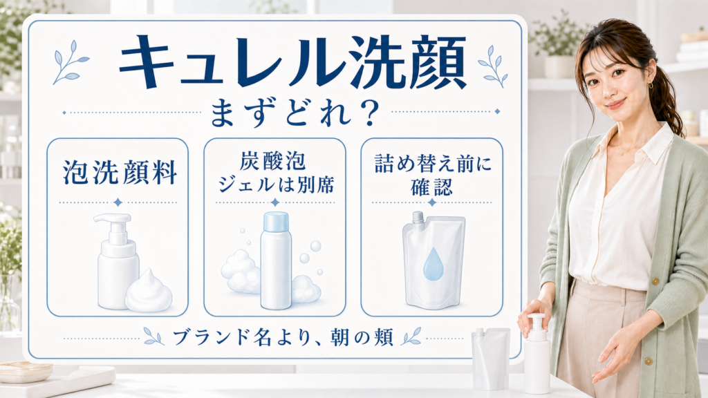 キュレル洗顔は泡洗顔料、炭酸泡ジェルは別席、詰め替え前に確認と示す美容ボードと清楚な女性解説者