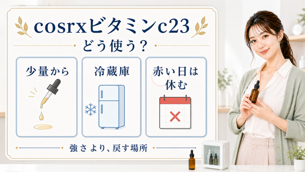 cosrxビタミンc23は少量から、冷蔵庫、赤い日は休むと示す美容ボードと清楚な女性解説者