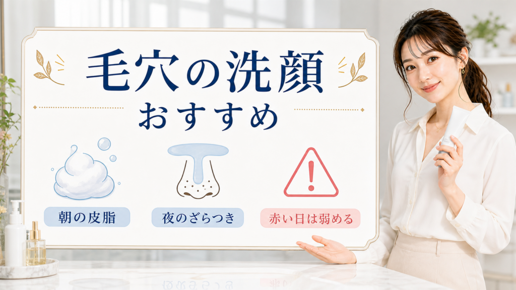毛穴の洗顔おすすめを朝の皮脂・夜のざらつき・赤い日は弱めるで示す美容ボード