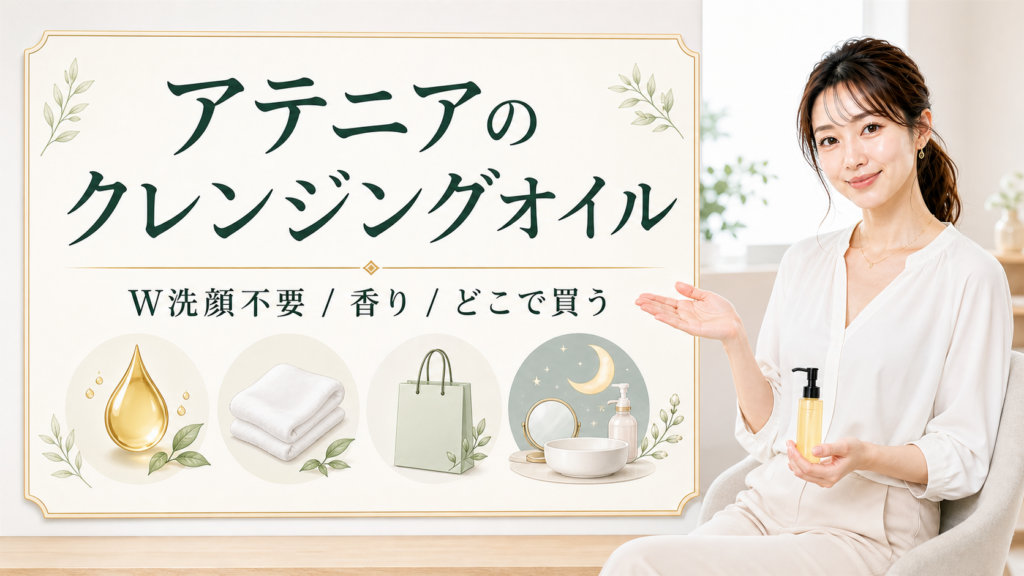 アテニアのクレンジングオイルのW洗顔不要・香り・どこで買うかを示す美容ボード