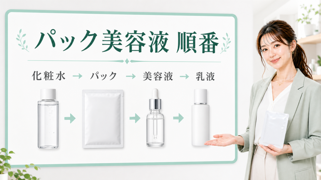パック美容液の順番を化粧水から乳液まで示す美容ボード