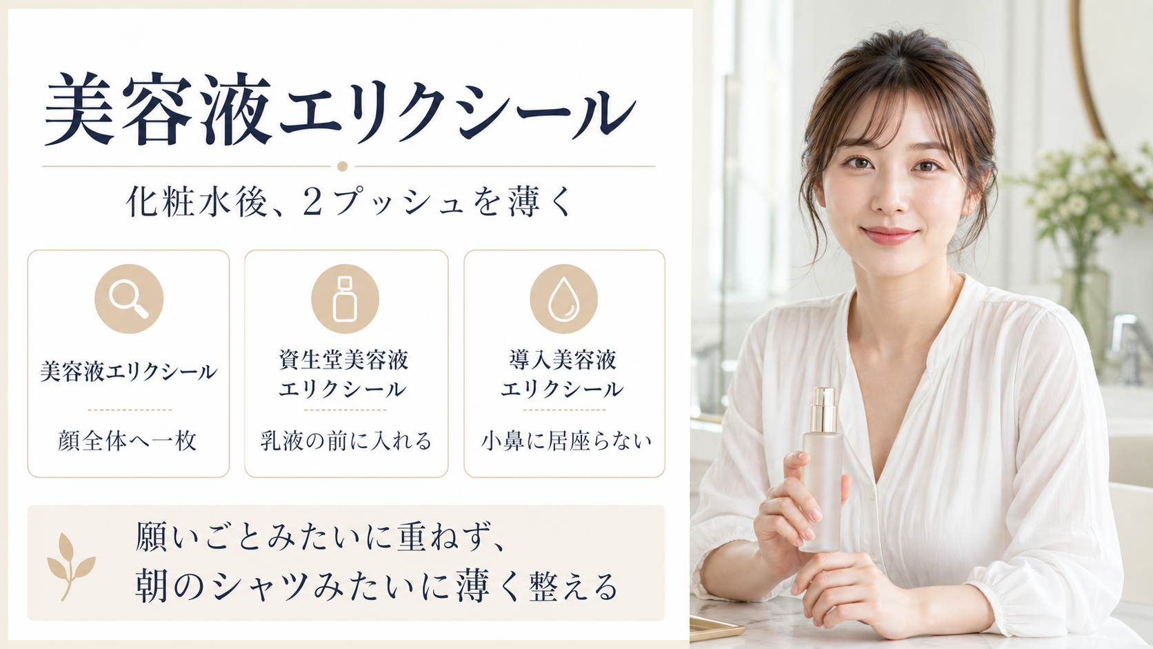 美容液エリクシールを化粧水後2プッシュ、乳液前、小鼻に居座らない使い方で整理する図