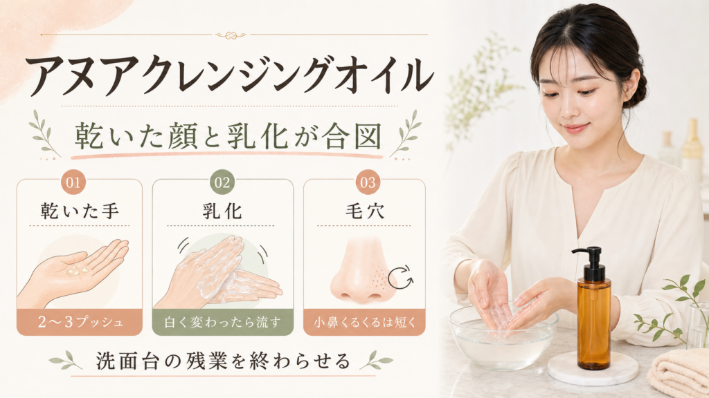アヌアクレンジングオイルを乾いた手、乳化、毛穴の短い確認で整理する図