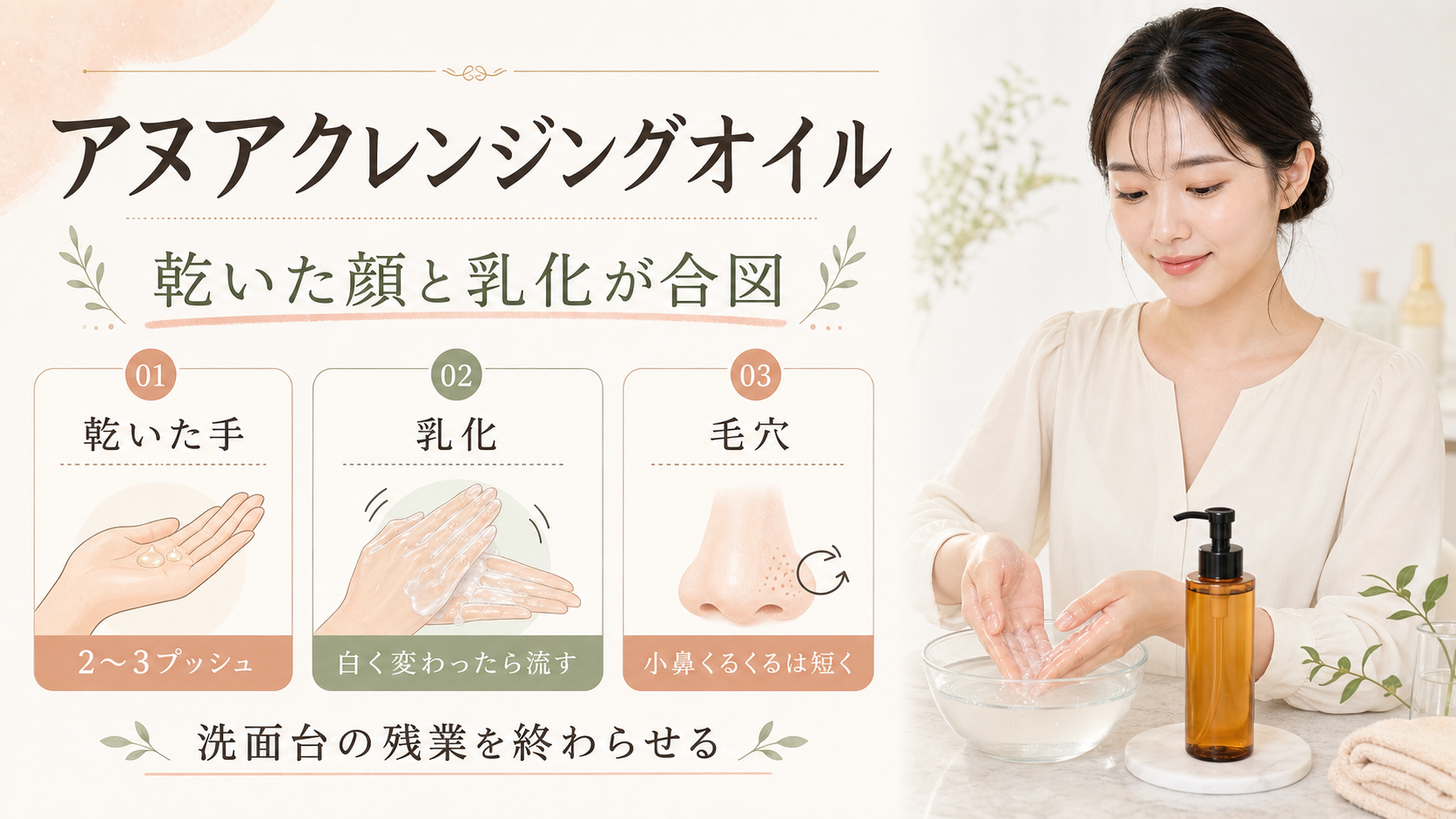 アヌアクレンジングオイルを乾いた手、乳化、毛穴の短い確認で整理する図