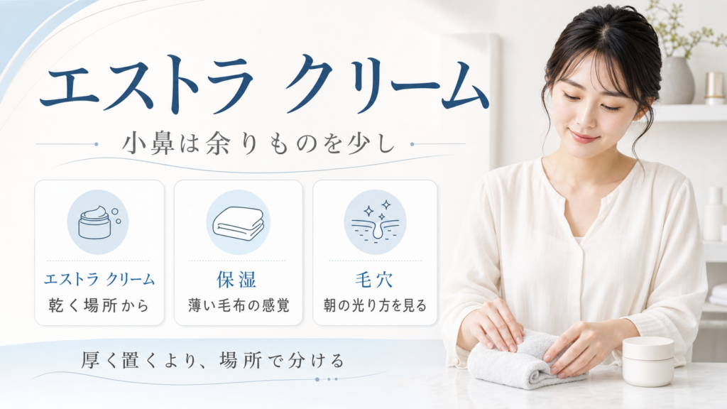 エストラ クリームを乾く場所、保湿、毛穴の朝の光り方で整理する図