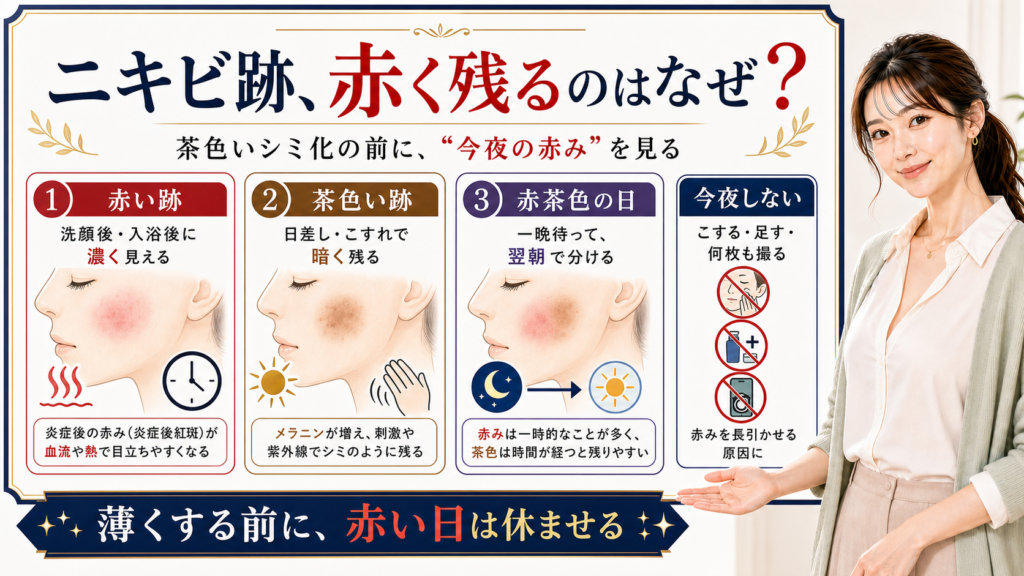 ニキビ跡が赤く残る理由と赤い跡・茶色い跡の見分け方を説明するアイキャッチ