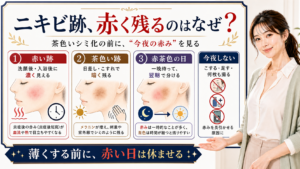 ニキビ跡が赤く残る理由と赤い跡・茶色い跡の見分け方を説明するアイキャッチ